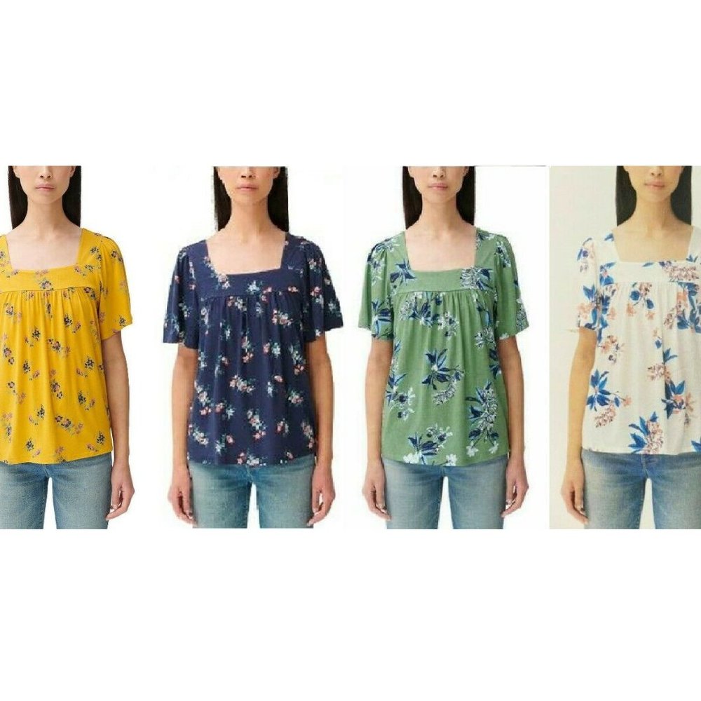 Lucky Brand Floral Square-Neck Blouse in Yellow, Navy, Green & Ivory